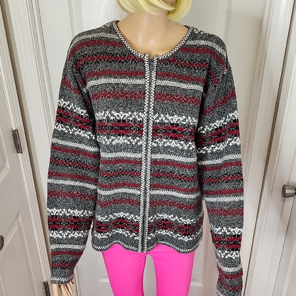Women's Striped Sweater - Gray and Red Dress Barn Zip-Up Cardigan